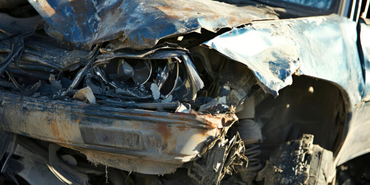 A burnt car wreck lies smoldering amidst debris, charred and unrecognizable.