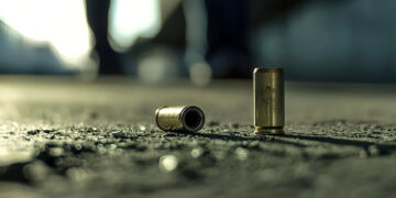 A close-up of spent bullet casings lying on a gritty surface, suggesting a recent conflict or criminal activity in an urban environment