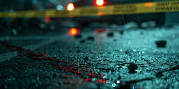 A detailed view of a crime scene with a chalk outline, bloodstains, and evidence markers, police tape in the background