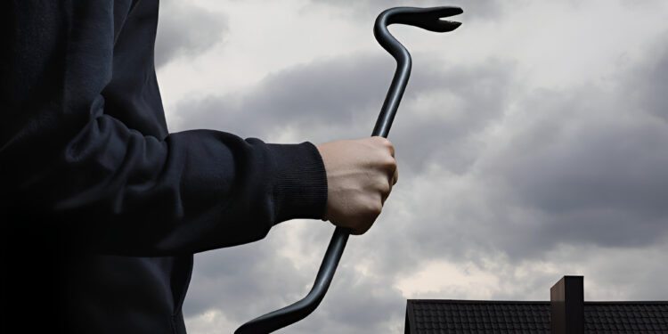 A thief with a crowbar in front of a sky and the roof of a house.