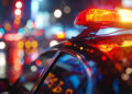 Close-up of a police car's flashing lights illuminating the city streets during a check