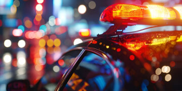 Close-up of a police car's flashing lights illuminating the city streets during a check