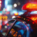 Close-up of a police car's flashing lights illuminating the city streets during a check
