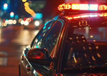 Close-up of a police car's flashing lights illuminating the city streets during a check