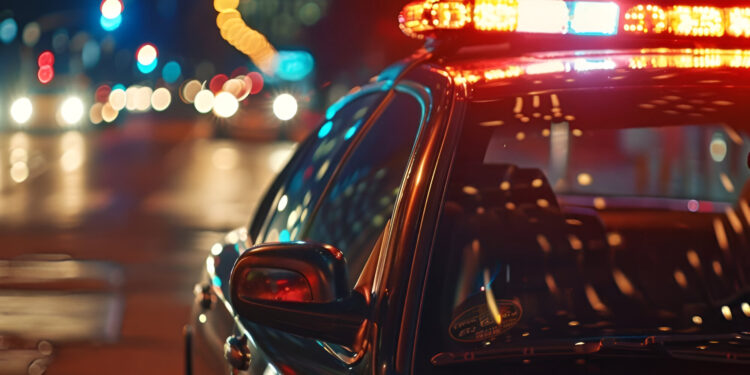 Close-up of a police car's flashing lights illuminating the city streets during a check