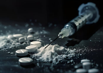 Close-up of narcotic substances, including pills, powder, and a syringe, highlighting drug abuse and addiction issues