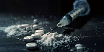 Close-up of narcotic substances, including pills, powder, and a syringe, highlighting drug abuse and addiction issues