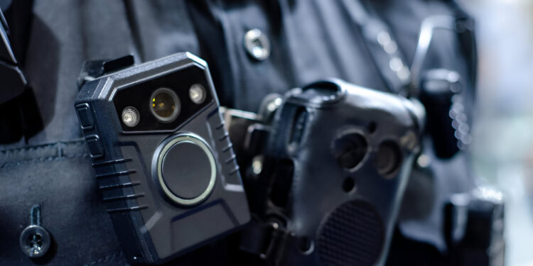 Close-up of police body camera