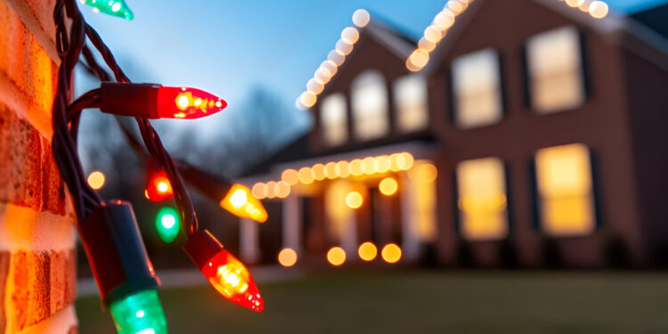 Close up view of festive Christmas lights on suburban house architecture