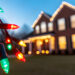 Close up view of festive Christmas lights on suburban house architecture