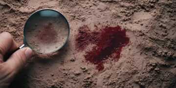 Closeup of a detective’s hand holding magnifying glass revealing bloodstain on dirt symbolizing forensic investigation crime scene analysis