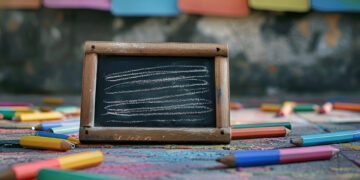 Colorful stationary approaching small chalkboard on floor