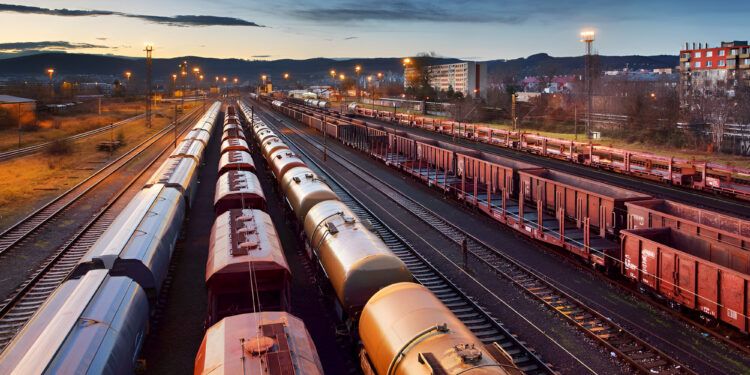 Container Freight Train in Station, Cargo railway transportation industry