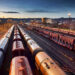 Container Freight Train in Station, Cargo railway transportation industry