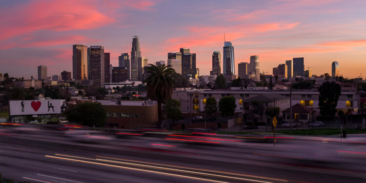 Downtown Los Angeles and 101 Freeway at Sunset
