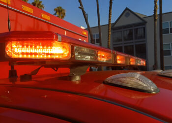 Flashing light bar on Los Angeles Fire Department ambulance