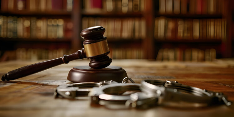 Handcuffs and a judge’s gavel on a wooden table, symbolizing law enforcement and justice
