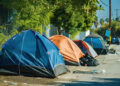 Homeless Tents Along Downtown Los Angeles Roadside in California, USA