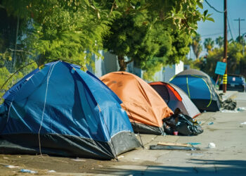 Homeless Tents Along Downtown Los Angeles Roadside in California, USA
