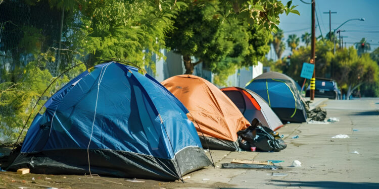 Homeless Tents Along Downtown Los Angeles Roadside in California, USA
