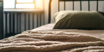 Homeless shelter concept,cozy bedroom features a soft blanket draped over bed and a plush pillow resting on top,illuminated by warm sunlight from window