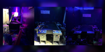 LAPD released photo showing an illegal gambling operation with tables in South Los Angeles