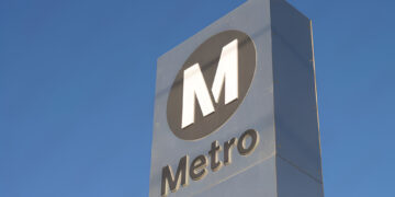Metro sign is see at a metro station in Los Angeles, California.