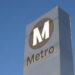 Metro sign is see at a metro station in Los Angeles, California.