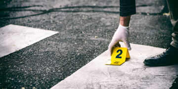 Putting the crime scene marker on the asphalt
