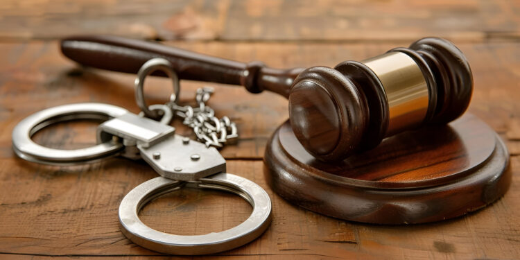 Wooden table featuring a gavel and handcuffs as symbols of justice