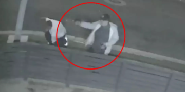 Image shows Justin Arteaga pointing his weapon during a firefight in Gardena. (U.S. Attorney’s Office for the Central District of California)