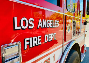 Los Angeles, CA Fire Department truck. Red fire engine wide closeup view.