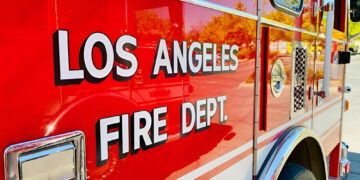 Los Angeles, CA Fire Department truck. Red fire engine wide closeup view.
