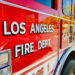Los Angeles, CA Fire Department truck. Red fire engine wide closeup view.
