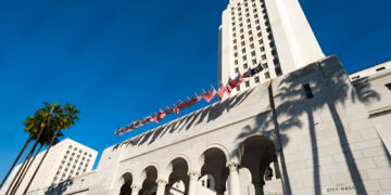 Los Angeles City Hall, shadows from palm trees on the building in the evening sunlight