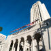 Los Angeles City Hall, shadows from palm trees on the building in the evening sunlight