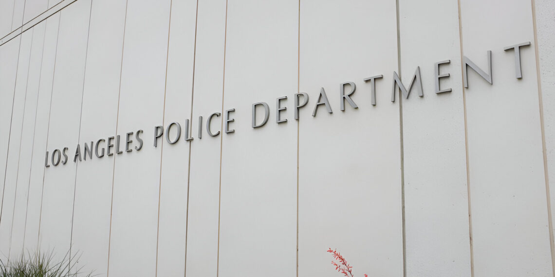 Los Angeles Police Department sign on the LAPD Headquarters building in downtown