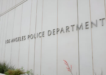 Los Angeles Police Department sign on the LAPD Headquarters building in downtown