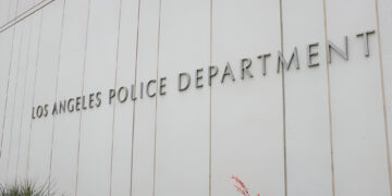 Los Angeles Police Department sign on the LAPD Headquarters building in downtown