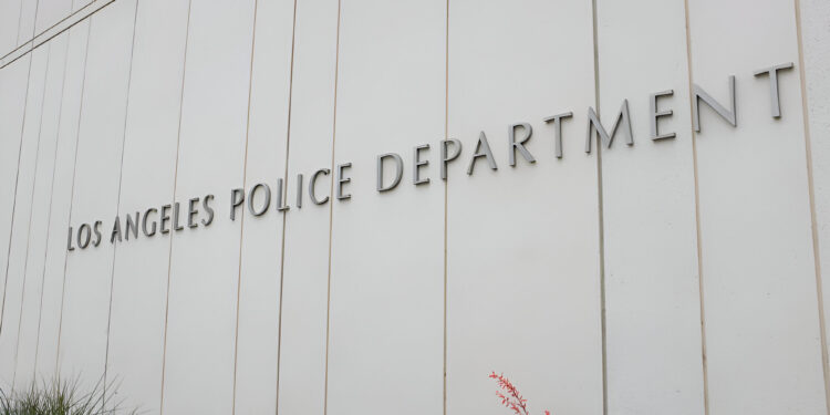 Los Angeles Police Department sign on the LAPD Headquarters building in downtown