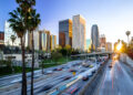 Los Angeles downtown buildings skyline highway traffic