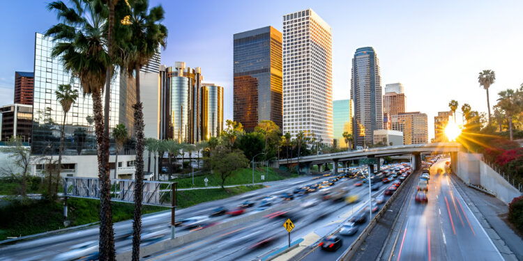 Los Angeles downtown buildings skyline highway traffic