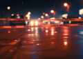 Yellow law enforcement tape isolating crime scene with blurred view of city street, toned in red and blue police car lights
