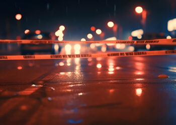 Yellow law enforcement tape isolating crime scene with blurred view of city street, toned in red and blue police car lights