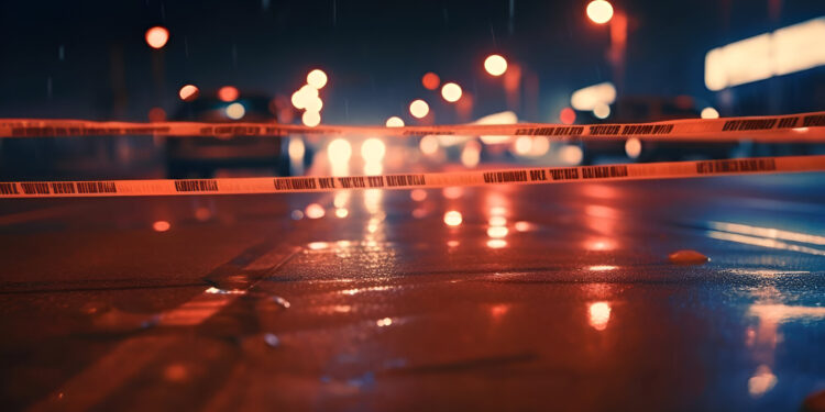 Yellow law enforcement tape isolating crime scene with blurred view of city street, toned in red and blue police car lights