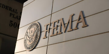 Federal Emergency Management Agency, FEMA, of the U.S. Department of Homeland Security emblem on a building wall