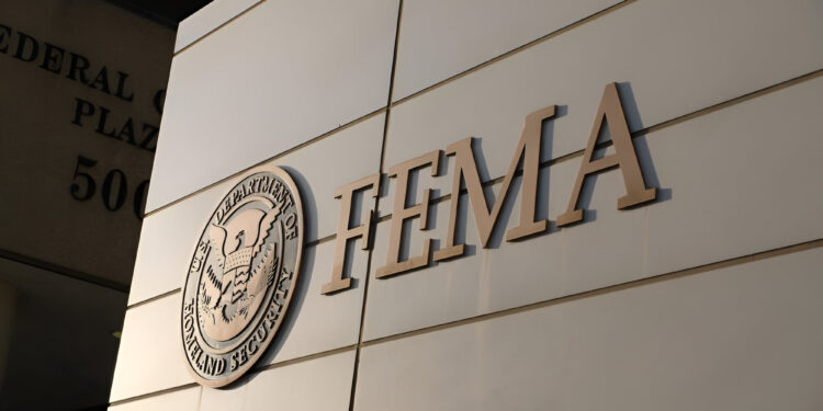 Federal Emergency Management Agency, FEMA, of the U.S. Department of Homeland Security emblem on a building wall
