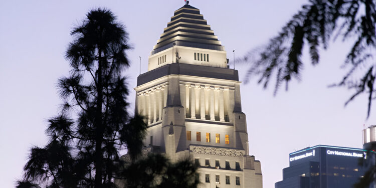 Los Angeles City Hall lighted at dusk