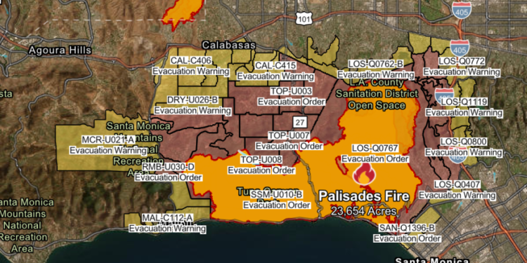 Mandatory evacuation order zones are in red, while evacuation warning zones are in yellow. (Cal Fire)