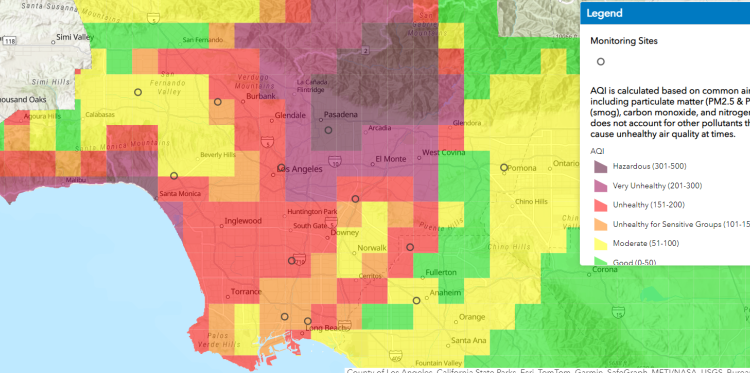 Numerous wildfires have hurt air quality in Southern California, as shown on Jan. 9, 2025, in a South Coast Air Quality Management District map
